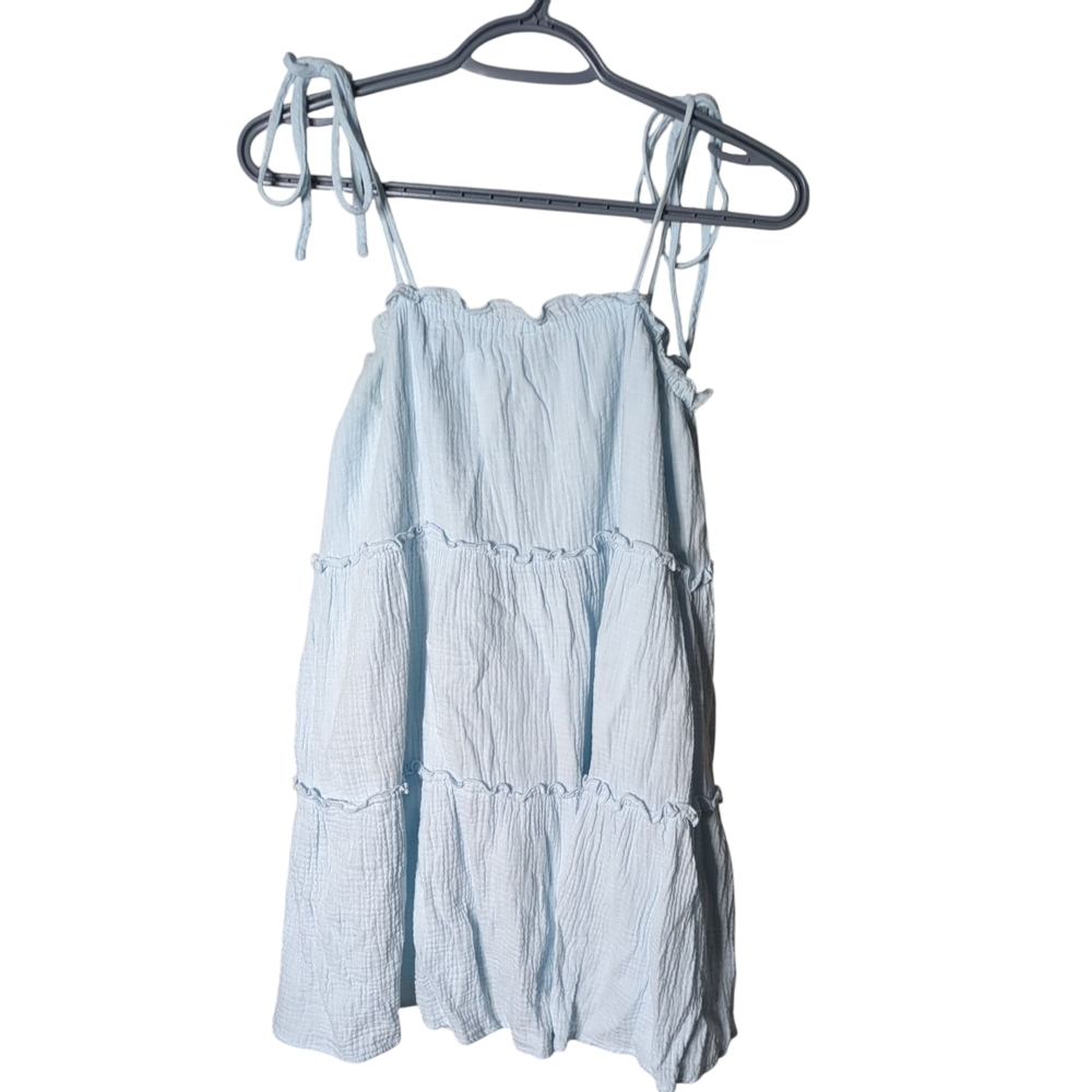 Hyfve- Tie Strap Tiered Lined Mini Dress-Blue-Gauzy Cotton‎ Size Medium